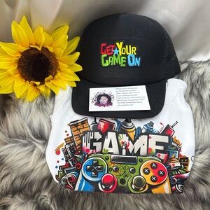 Get Your Game On Black Cap and White Graphic Tee